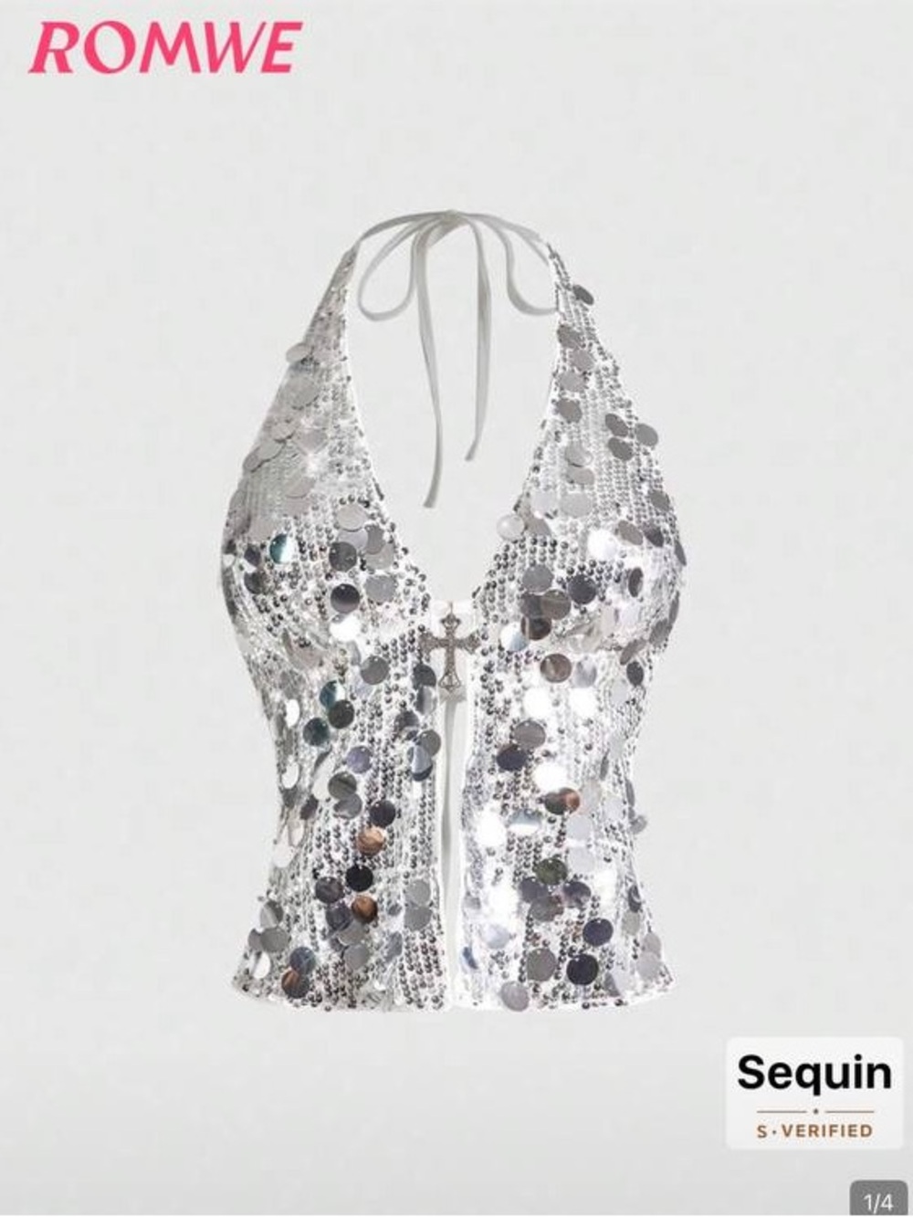 Sequin Halter V-Neck Crop Top in Silver